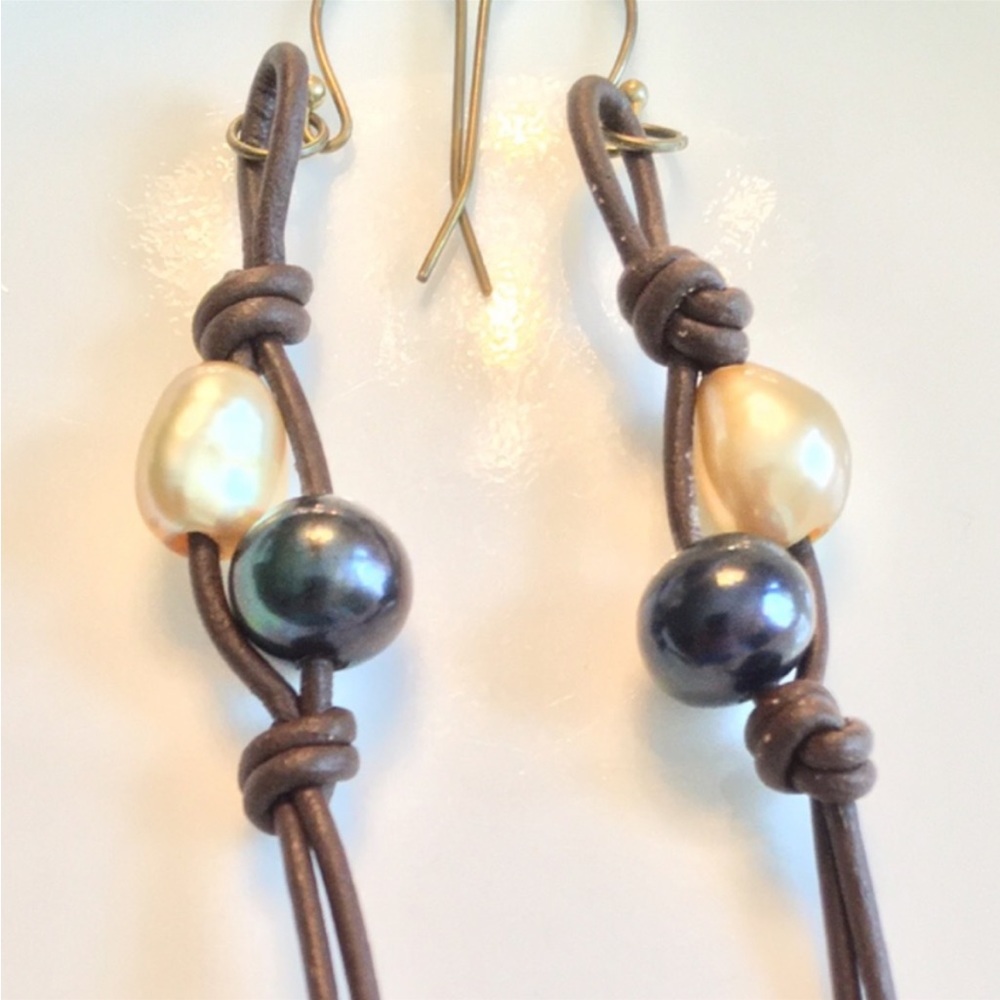 Black Pearl & Golden Baroque Pearl Leather Knot Earrings